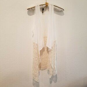 XCVI Womens Medium Lace Panel Sleeveless Open Front Cardigan Vest White/Ivory